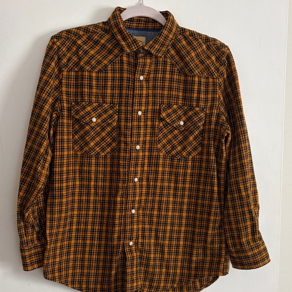Men's Sears Roebuck Mustard Yellow & Black Plaid Shirt w/Snap Buttons. Size M